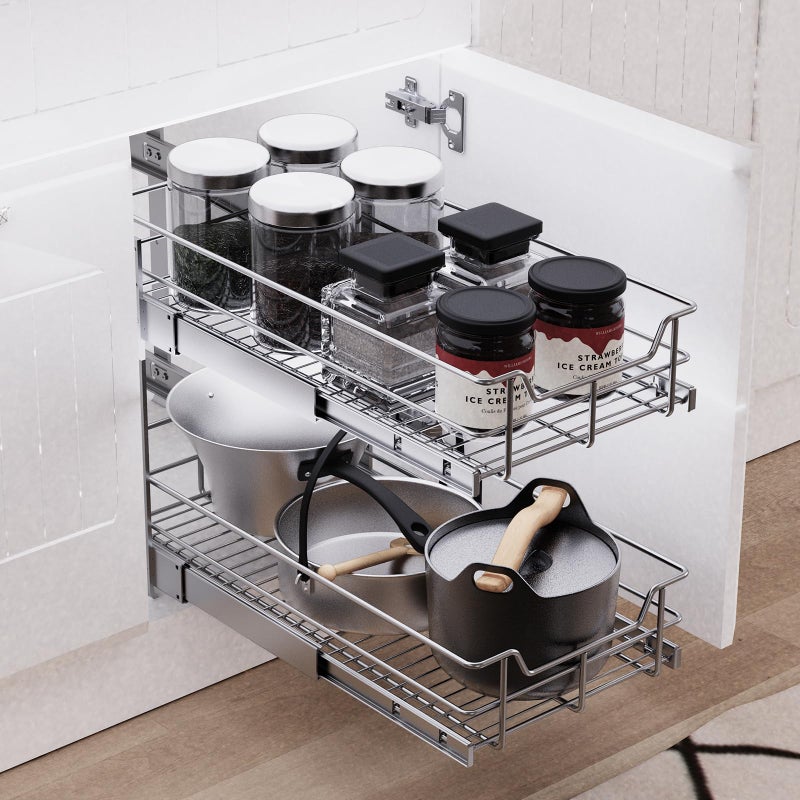 STORKING 2 Tier Pull Out Cabinet Organizer 11" W X 22" D, Slide Out Drawers For Kitchen Cabinets, Pull Out Drawers For Cabinets Capacity Heavy Duty Caddy, Cabinet Pullout Shelves Chrome-Plated, Bathroom Pantry - Image 5